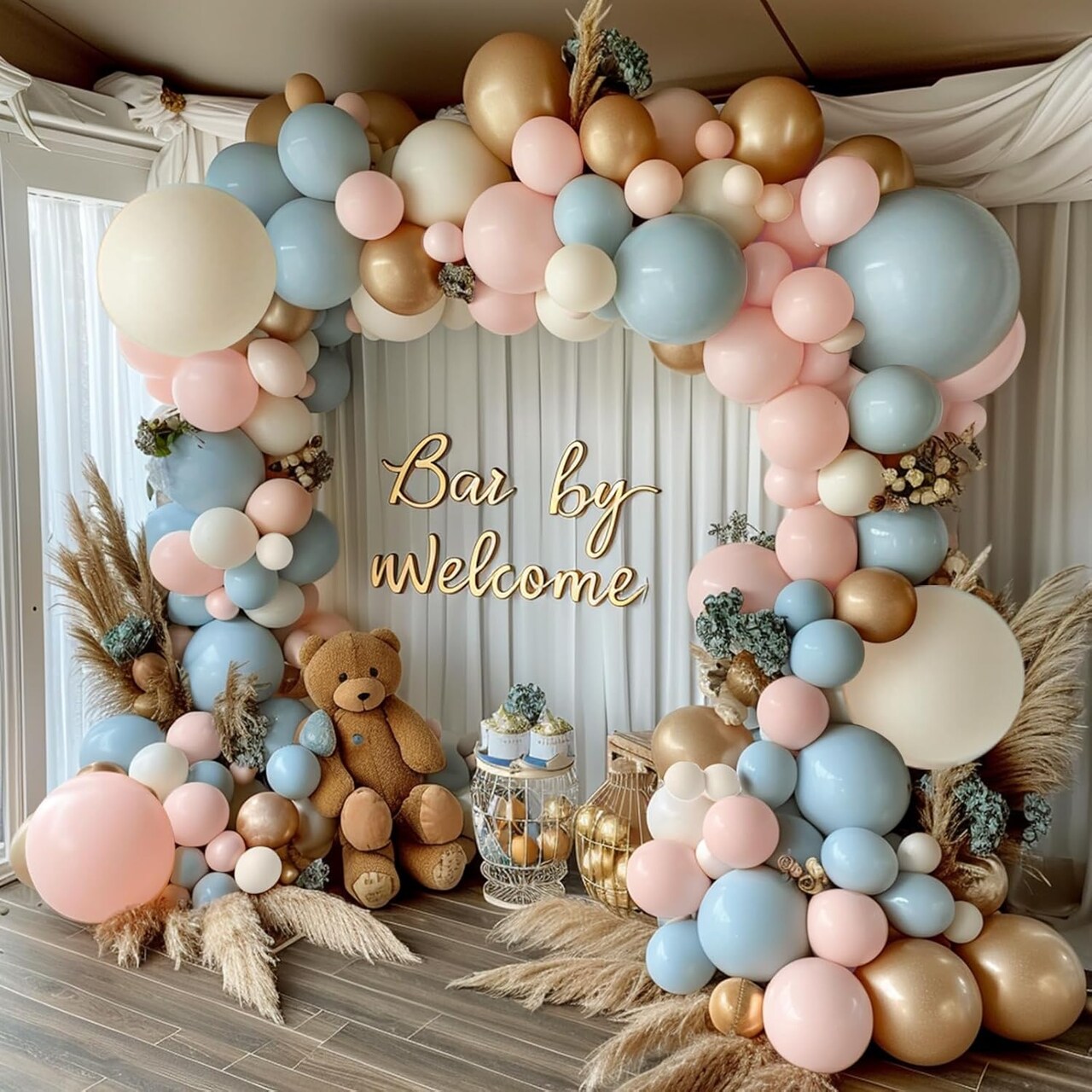 Gender Reveal Balloon Arch Kit, Dusty Pink and Blue Balloons Chrome Gold Sand White Balloons for Gender Reveal Boho Bachelorette Birthday Baby Shower Bridal Bear Theme Decorations